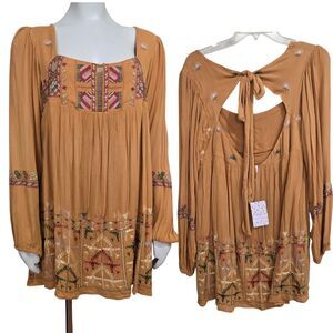 Free People Dress Rhiannon XS Embroidered Babydoll Mini Tie Back Boho Pocket New